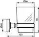Wandmontierter Zahnbecher aus satiniertem Glas, mit chromfarbener Halterung. Ideal Standard Produkt. Diagramm zeigt Maße und Konstruktion.